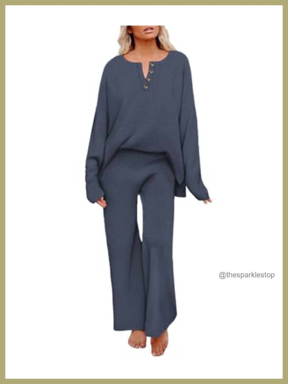 Womens Plus Size 2 Piece Waffle Knit Lounge Set Henley Long Sleeve Wide Leg